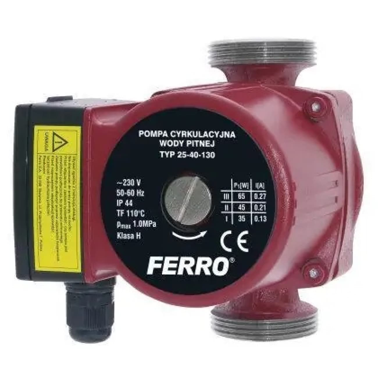 Pompă Recirculare Centrală FERRO 25-40/130, 35/45/65W, 60l/min